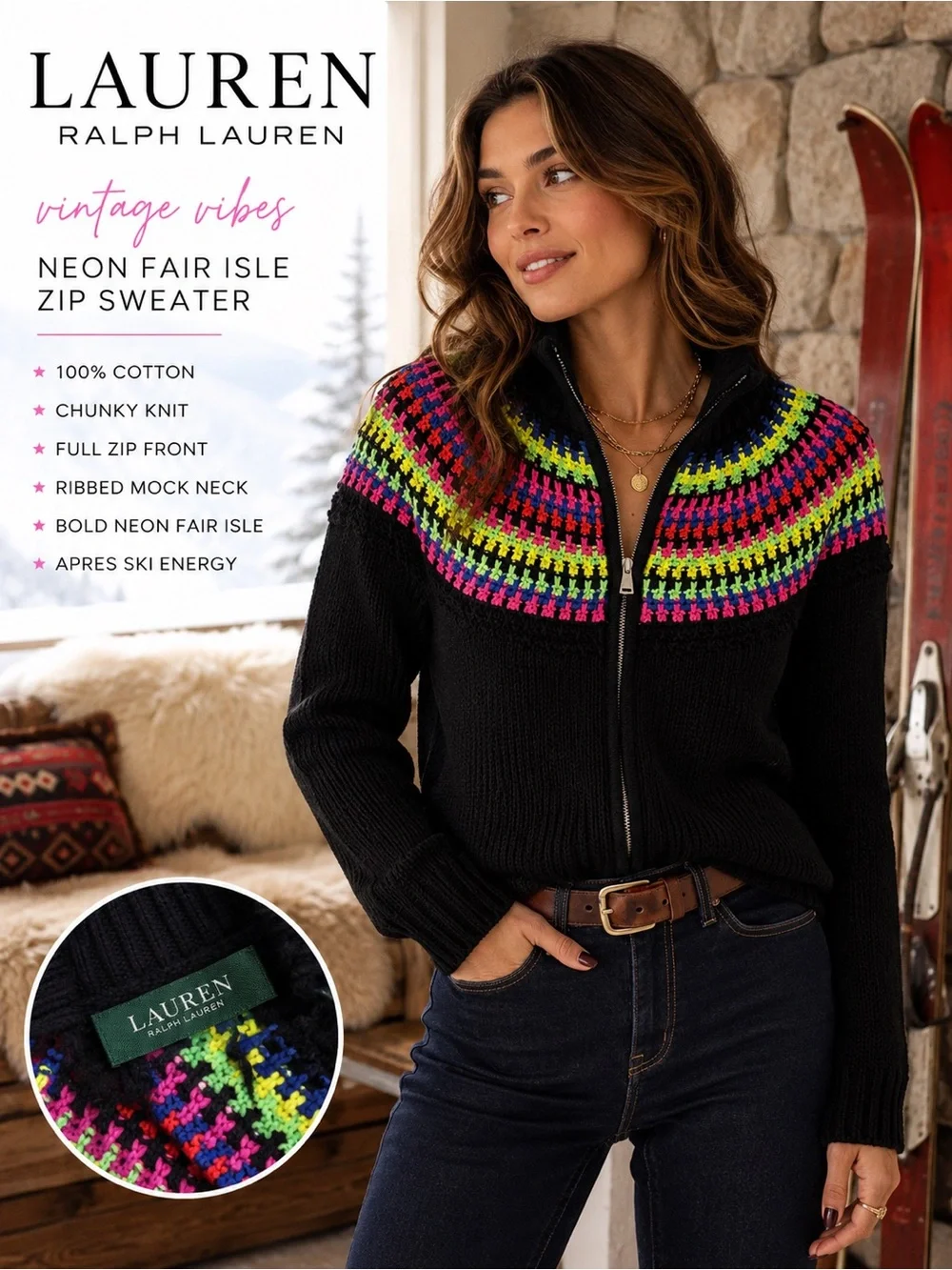 Lauren Ralph Lauren Neon Fair Isle Zip Sweater Black Cotton Y2K Apres Ski Cardig